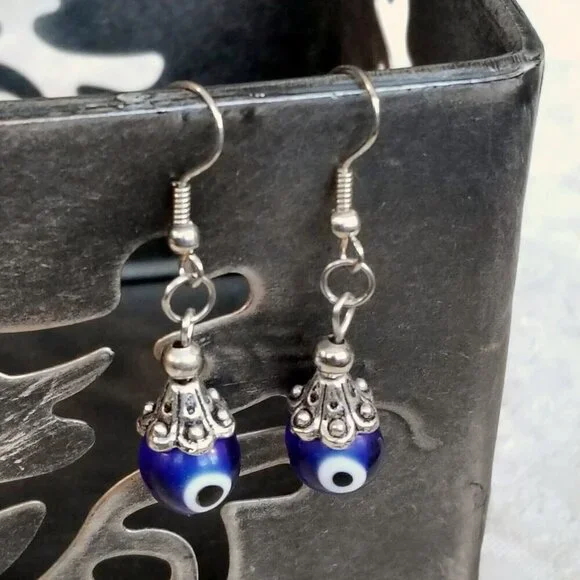 Evil Eye Cobalt Blue White Black Silver Turkish Glass Talisman Protection Handcr - Picture 2 of 4